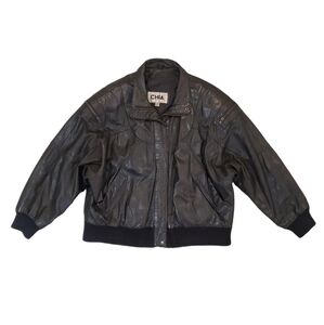 Chia Men's Black 100%‎ Leather Bomber Jacket XL